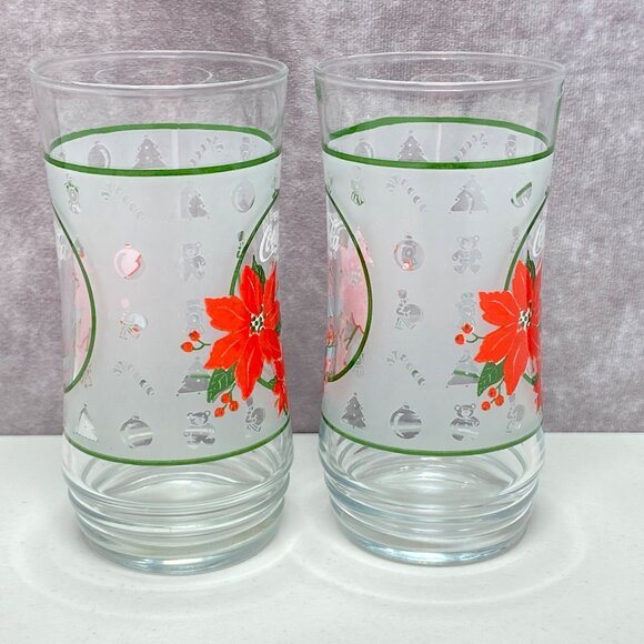 Vintage Coca-Cola Poinsettia Frosted Holiday Christmas Glass Tumblers Set Of 2 - Picture 2 of 9